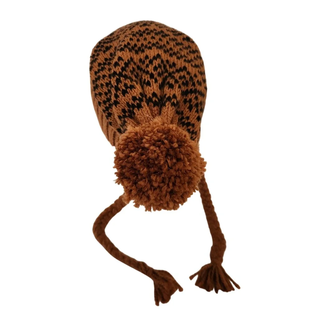 Krochet Kids Brown Black Fair Isle Crochet Knit Beanie Hat with Pom Pom & Tassel
